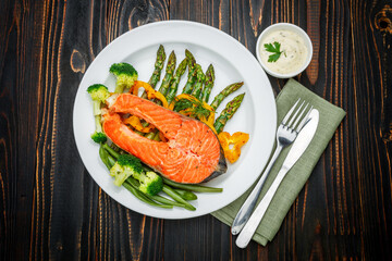 Studio shot of crispy roasted salmon steak
