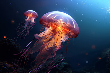 Fototapeta premium bioluminescent jellyfish underwater, generative ai