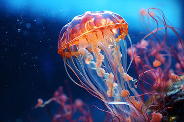 Fototapeta premium bioluminescent jellyfish underwater, generative ai