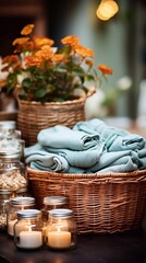 Obraz premium Fresh clean clothes in basket on laundry room background. AI generated