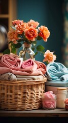 Fresh clean towels in basket on wooden table. AI generated