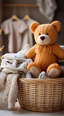 Kids toys and clothes in backet on nursery background. AI generated