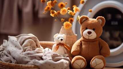 Laundry basket with kids clothes and teddy bear on washing machine background. AI generated