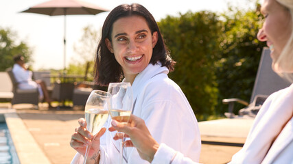 Two Mature Female Friends Wearing Robes Outdoors By Pool Drinking Champagne On Spa Day