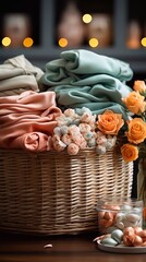 Fresh clean towels in basket and cleanser bottles on laundry room background. AI generated