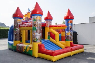 Children's game inflatable trampoline in the form of a castle on the street. - obrazy, fototapety, plakaty