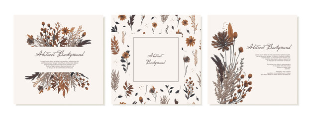 Templates of square backgrounds for social media with autumn leaves. Brown, golden branches and leaves, pampas grass, dry grass, boho. Vector © IVONINA