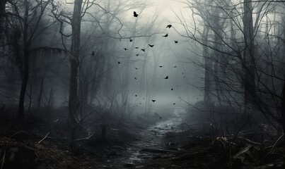 Mysterious dark forest with birds flying in fog, Halloween concept