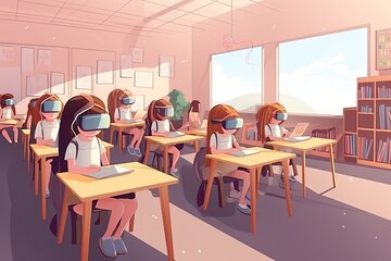 Fototapeta na wymiar Illustration of children sitting in a classroom wearing virtual reality glasses, modern learning.