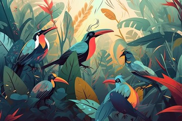 Illustration of tropical birds in the deciduous jungle.