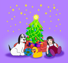 Obraz na płótnie Canvas A dog and a few toys, and a Christmas tree with presents, against a starry sky.