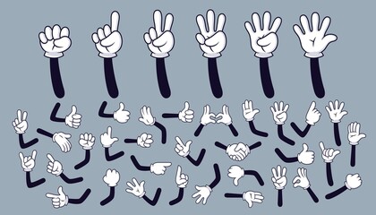 Cartoon hands. Comic arms with four and five fingers in white glove with various gestures, cartoon character body parts. Isolated vector set © aymane