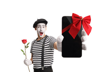 Mime holding a red rose and showing a smartphone with a red bow