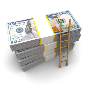 3d illustration of dollars stack and wooden ladder