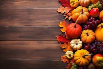 Autumn background with pumpkins, grapes and leaves on wooden table