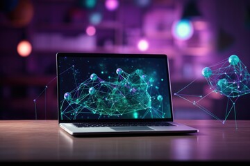 Laptop with abstract polygonal network on table. 3d rendering