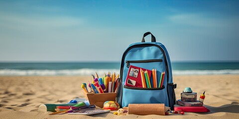 Backpack with school supplies on the beach. Back to school concept.