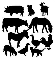 Silhouette farm animals collection vector