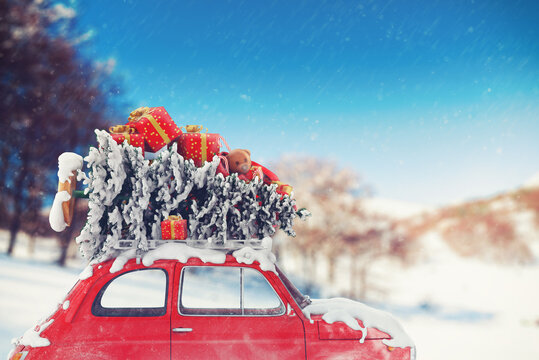 3D Rendering car with Christmas tree and gifts on the roof