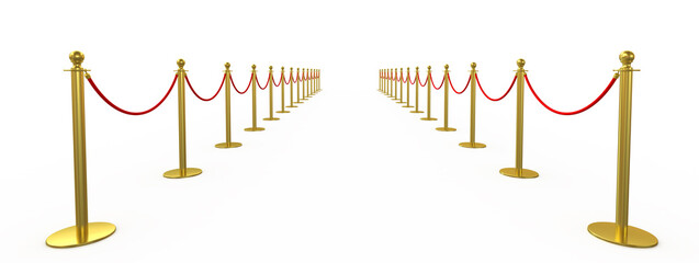 Golden fence, stanchion with red barrier rope, isolated on white background. 3d rendering