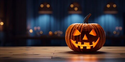 Halloween pumpkin head jack o lantern on wooden table. 3d rendering