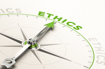 compass with needle pointing the word ethics. Conceptual 3d illustration of business integrity and...