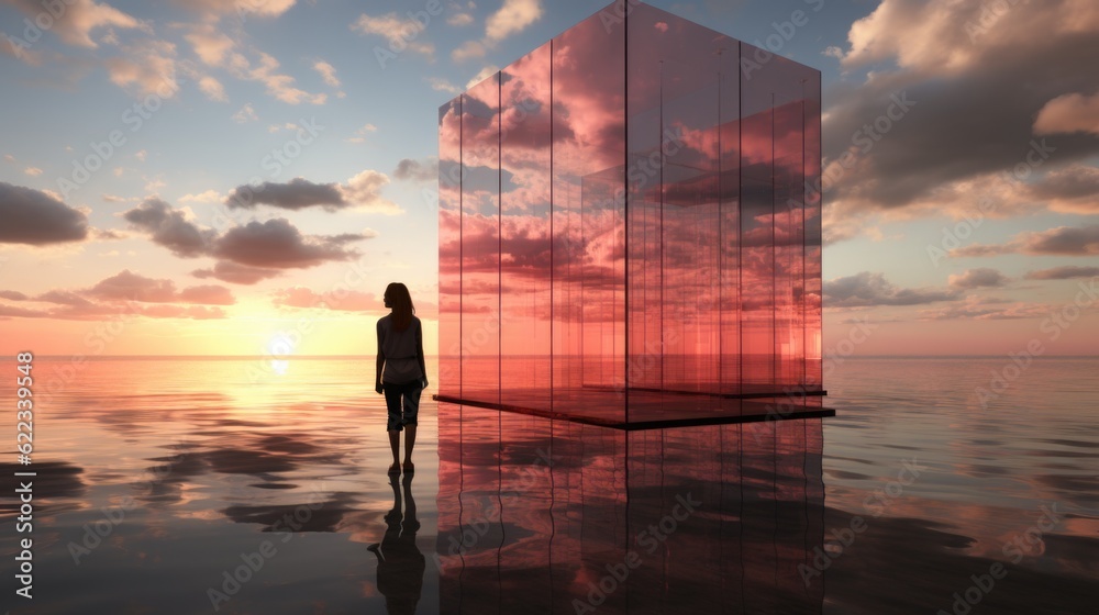 Wall mural a person standing in front of a glass structure. generative ai image.