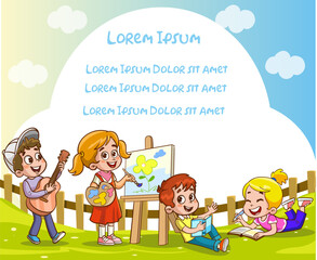 kids student drawing in the park vector illustration with place for your text.