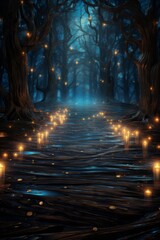 Mysterious dark forest with a path leading through it. 3D rendering