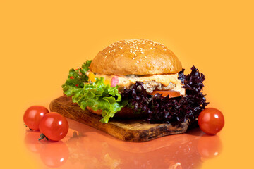 Grilled fresh burger with beef patty, tomatoes, cheese, cucumber and lettuce. On color.