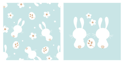 Seamless pattern with bunny cartoons, Easter egg and cute flower on green mint background. Rabbit cartoon, white flower and Easter egg icon sign vector.
