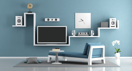 Blue living room with home cinema system- 3d rendering