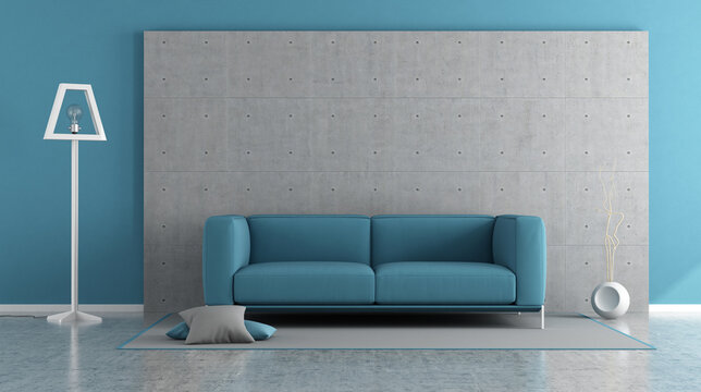 Blue modern living room with concrete panel and sofa on carpet - 3d rendering