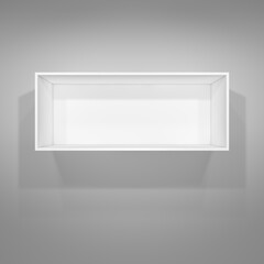 Illuminated white shelf for presentations. Gray background. 3D illustration