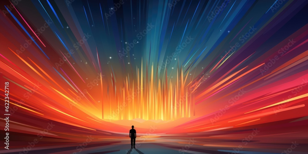 Wall mural a person standing in front of a colorful sky. generative ai image.