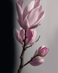 Magnolia. Realistic pink flower isolated on gray background. Vector illustration