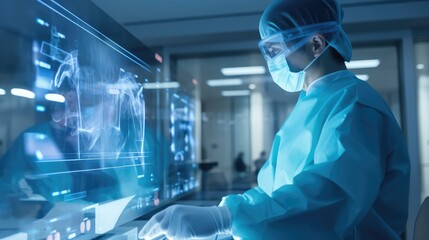 doctor working in futuristic hospital with medical high tech healthcare, surgeon team operation on heart disease and illness on monitor, Generative AI - obrazy, fototapety, plakaty