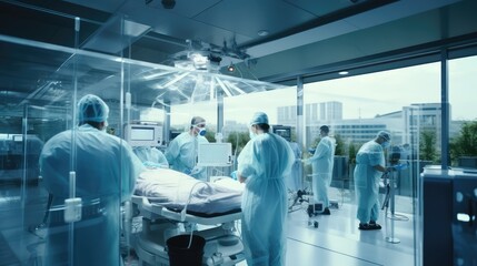 doctor working in futuristic hospital with medical high tech healthcare, surgeon team operation on heart disease and illness on monitor, Generative AI