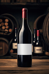 Wine bottle mockup with blank label on rustic wooden surface in wine cellar. Add text or logo. Copy space. Ai Generative