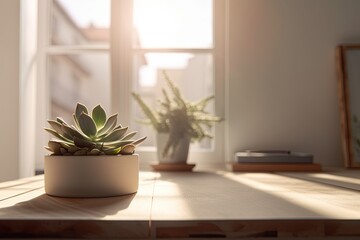 Beige tabletop with a small succulent planter pot close to a light window in a cozy white room. isolated window to modify the scene outside. Generative AI