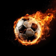 Fototapeta premium Soccer ball on fire in black background, AI generated Image