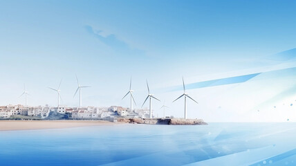 A Row of Wind Turbines on a Seashore With Ad Space Generative AI