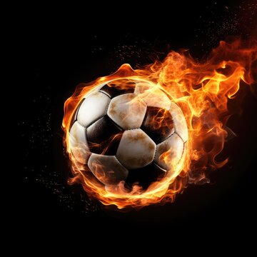 Soccer ball on fire in black background, AI generated Image