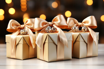 Beige gift boxes with beige bows on the background of bokeh effect. Generative AI