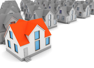 3d illustration of  gray houses and one red, home choice concept