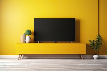 Blank background with a smart TV on a yellow table and a propped yellow cupboard. Generative AI