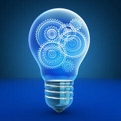 3d illustration of light bulb with gear wheels inside, white glowing