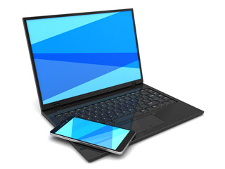 3d illustration of laptop computer and mobile phone, blue color screen