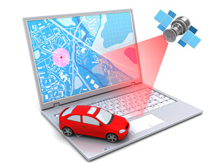 3d illustration of car location tracking with laptop and satellite