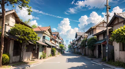 Foto op Plexiglas Picturesque Village Scene: Vibrant Homes Against a Serene Sky © Abi